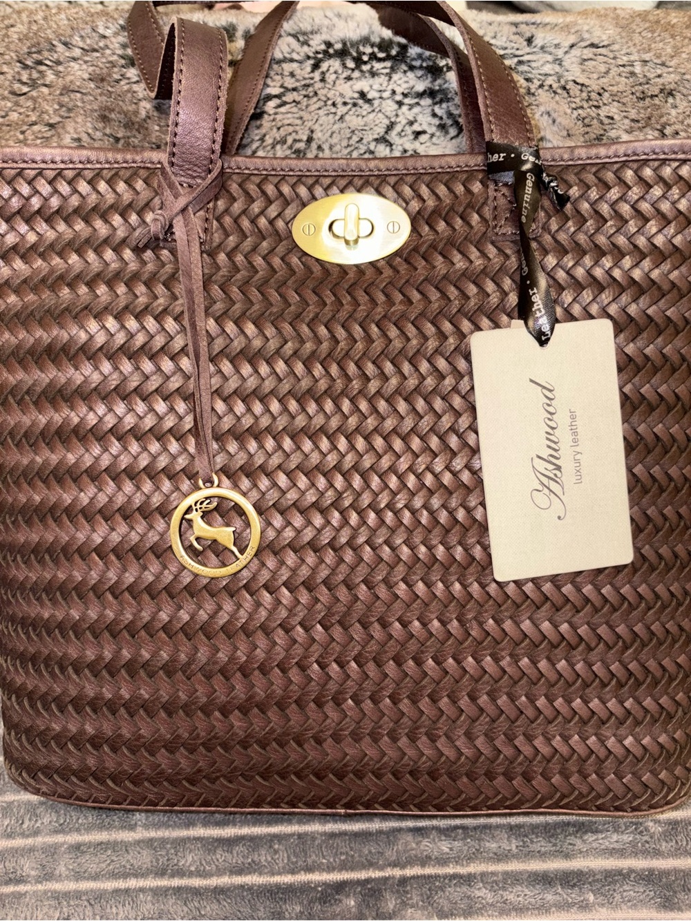 Shwood Brown Woven Leather Tote with Gold Hardware